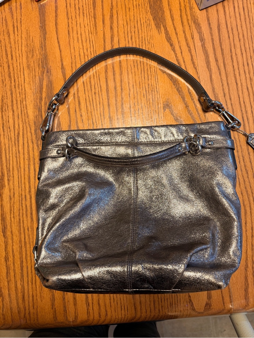 Metallic Silver Leather Shoulder Bag - Women's Handbag